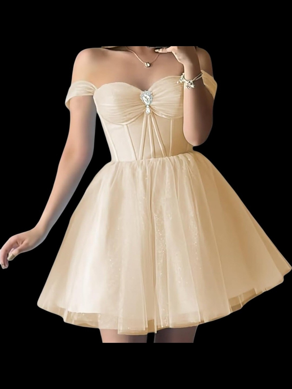 Off-Shoulder Champagne Tulle Party Dress with Corset Bodice